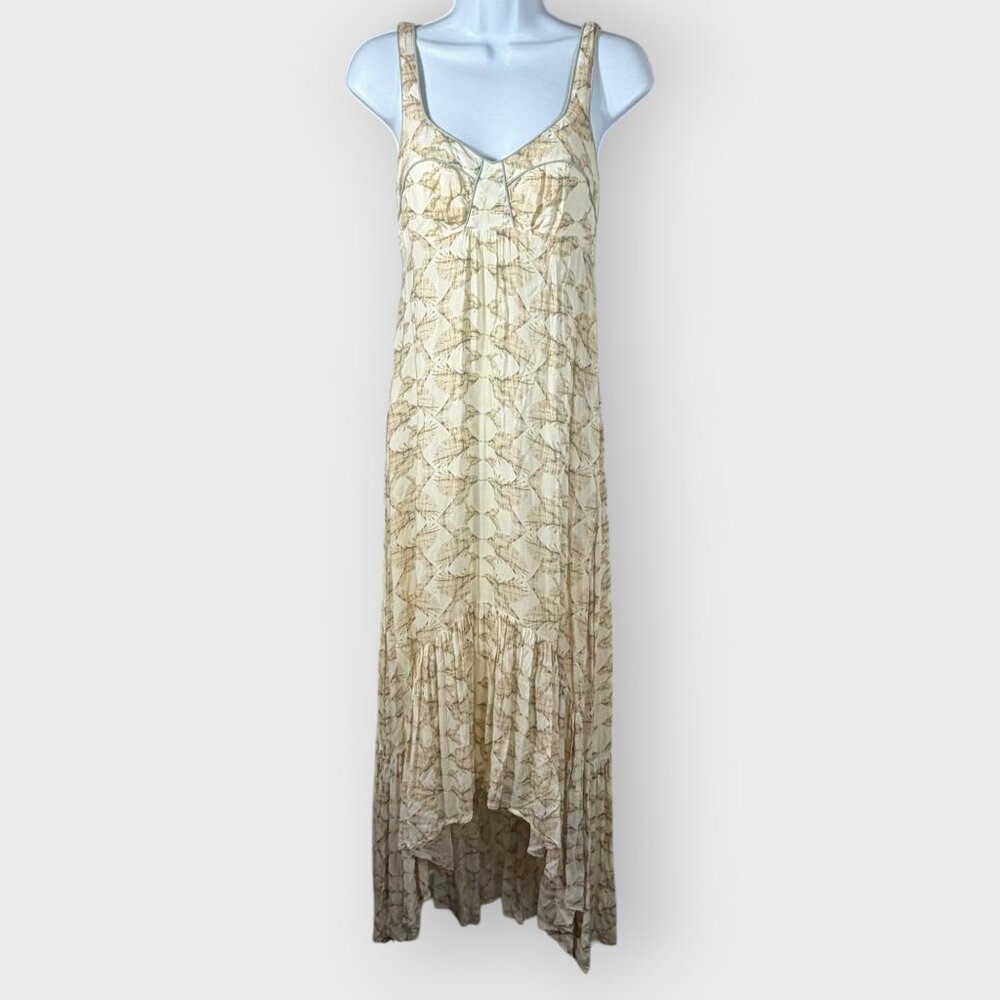 Free People Ivory Bird Print Hi Low Maxi Dress Size 2 Rayon Detachable Slip Boho